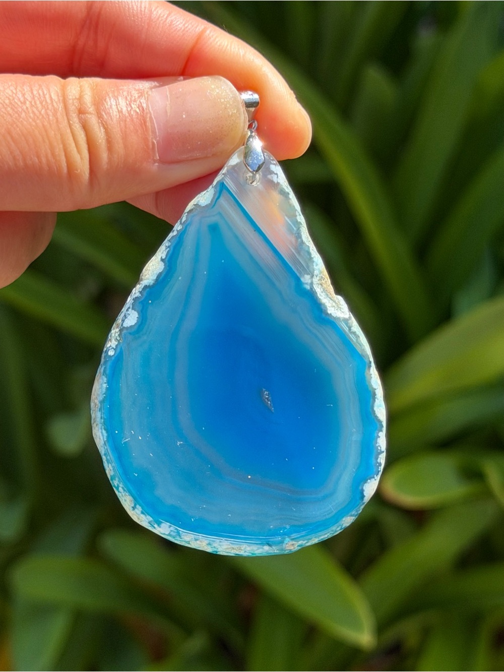 Blue Agate Teardrop Pendant Necklace - Natural Stone Accent Palo